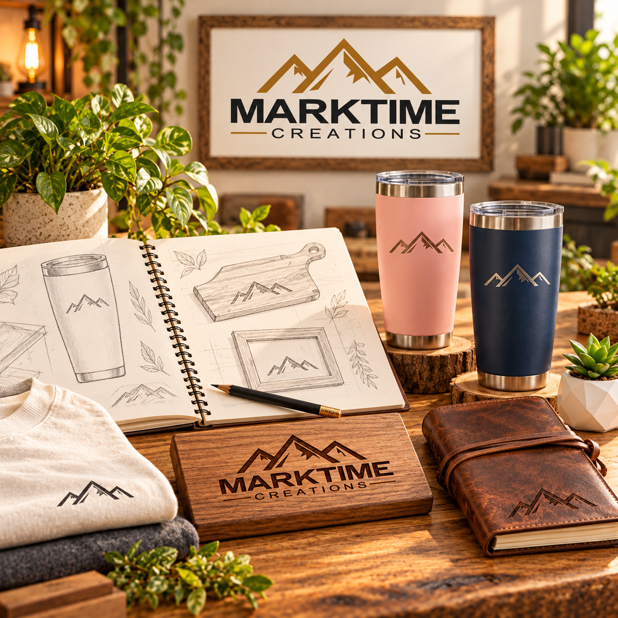 MarkTime Creations custom gift ideas with a sketchbook, mountain logo, pink and navy tumblers, apparel, engraved wood, and a leather journal.