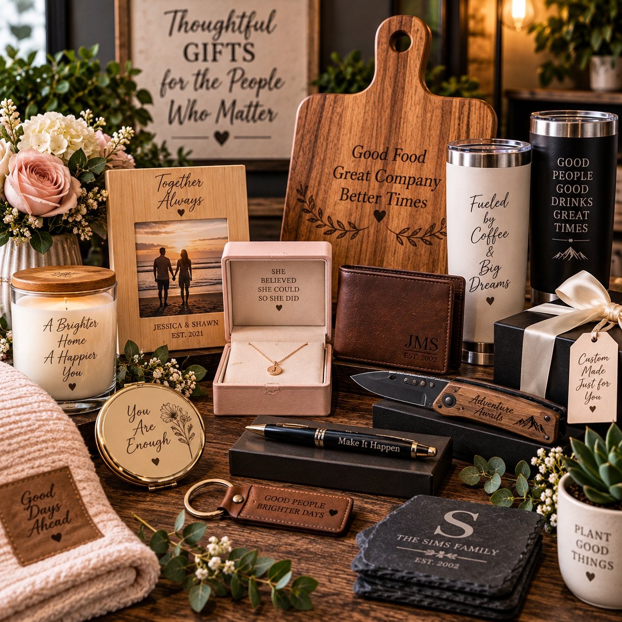 Personalized gifts, engraved accessories, framed photographs, and candles.