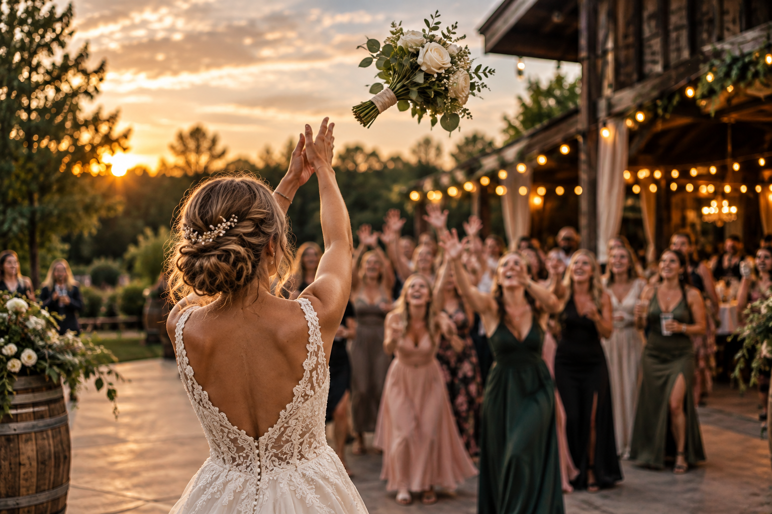 A bride tossing her bouquet at an outdoor wedding celebration.