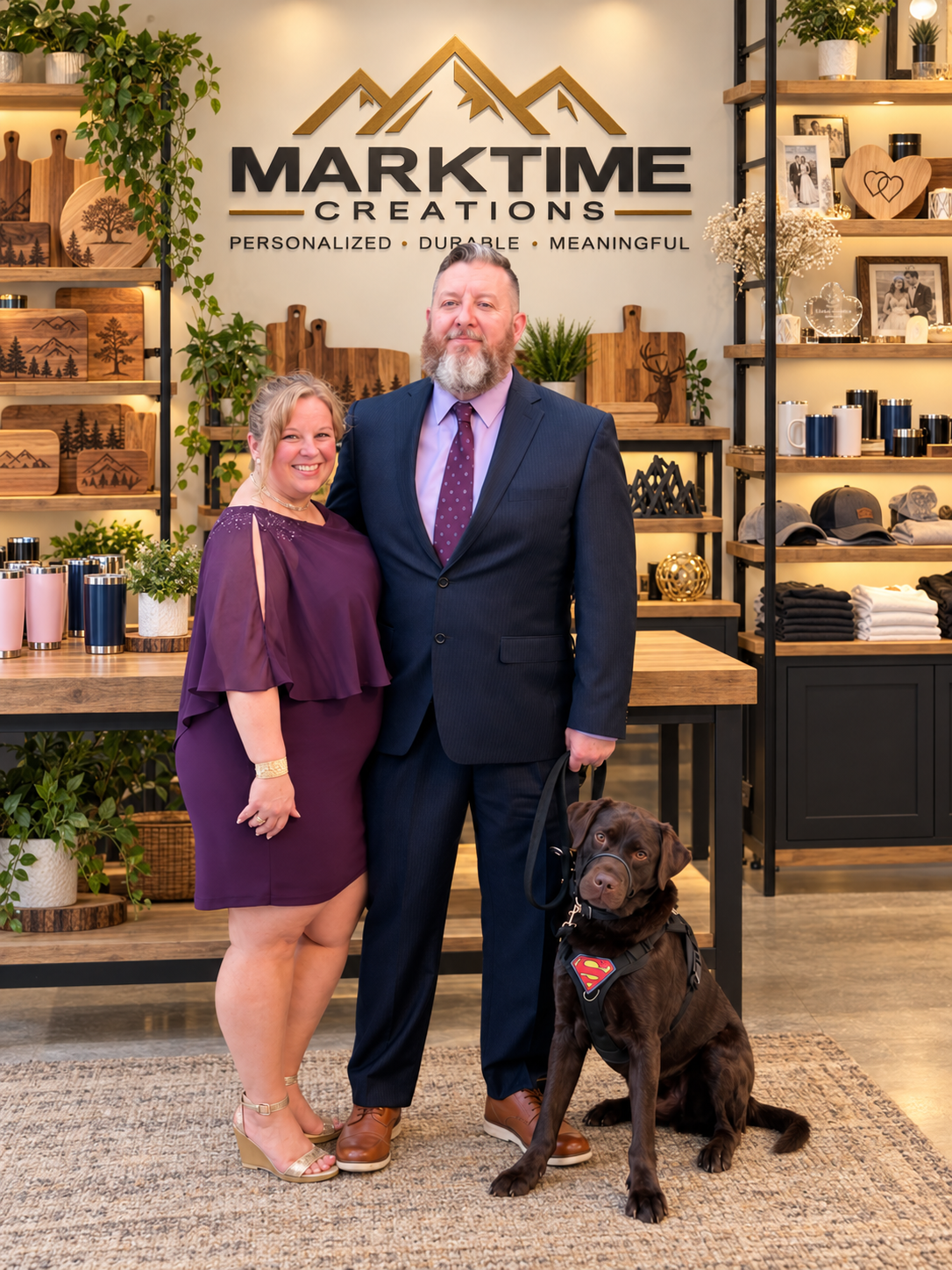 Shawn and his wife with their dog in a welcoming MarkTime Creations studio displaying personalized gifts and the mountain logo.