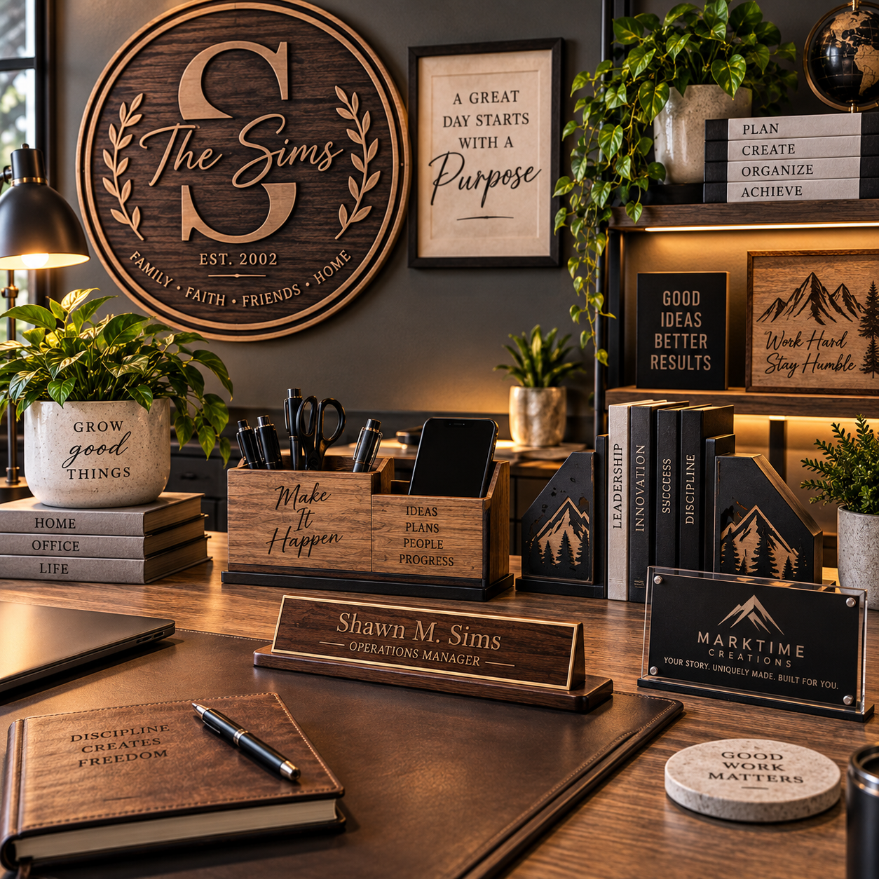 An office desk with personalized decor and a nameplate.