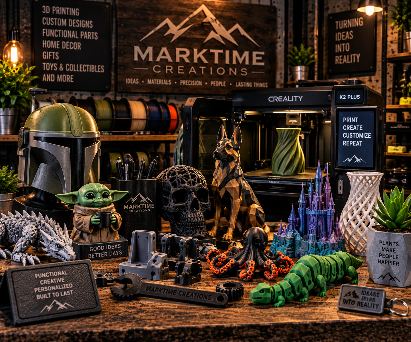 Decorative 3D-printed models displayed beside a 3D printer.