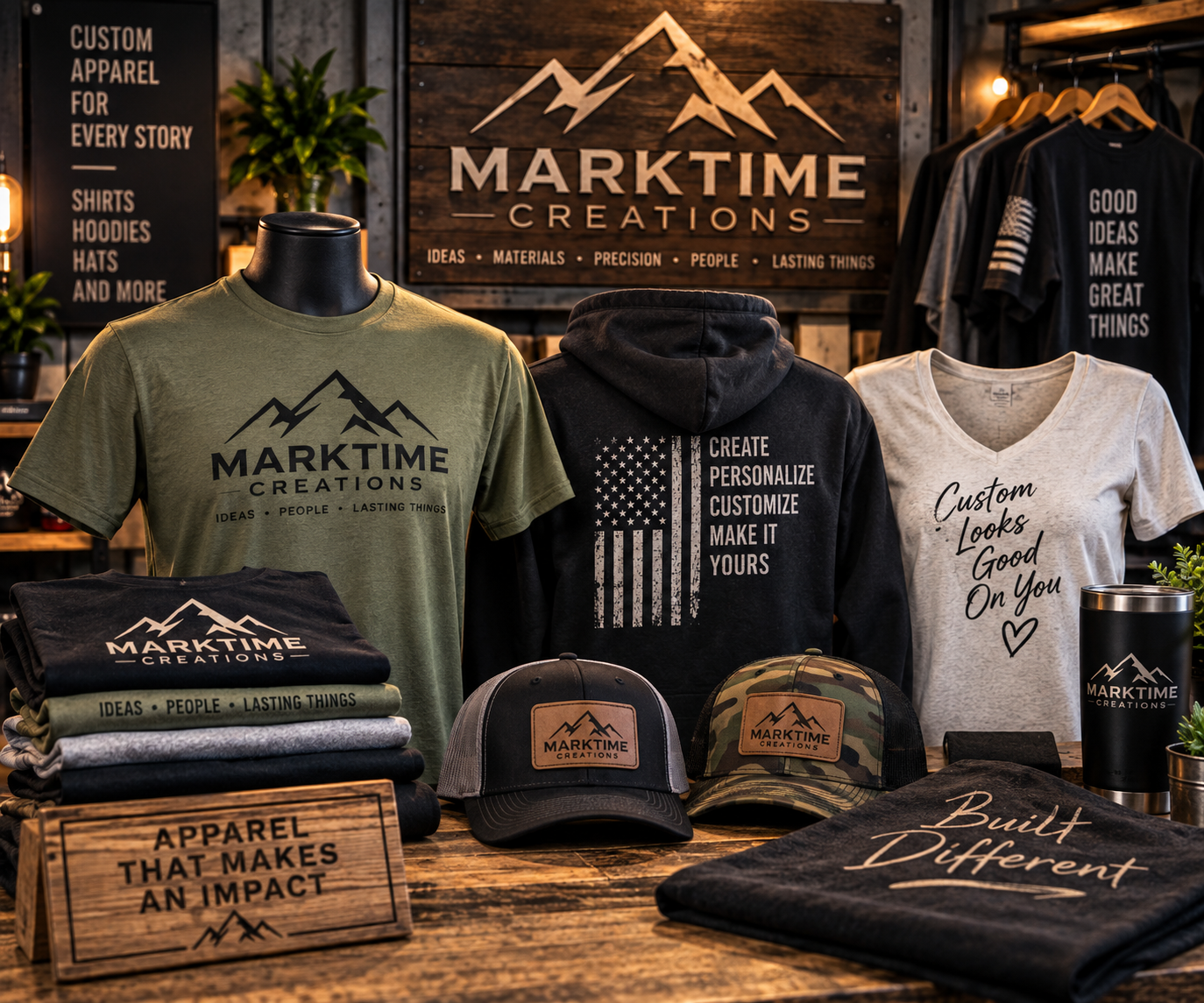 Custom shirts, hats, and drinkware displayed together.