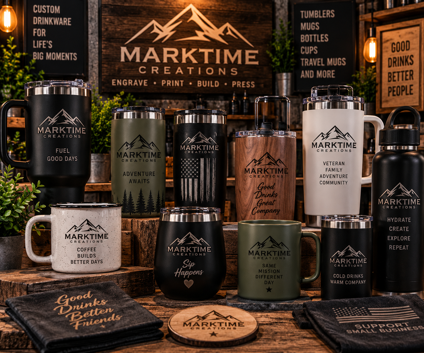 A selection of custom travel mugs and tumblers.