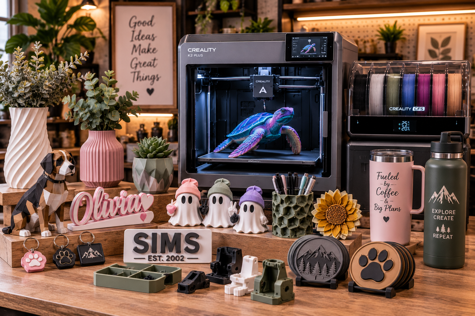 A 3D printer and custom printed models in a workspace.