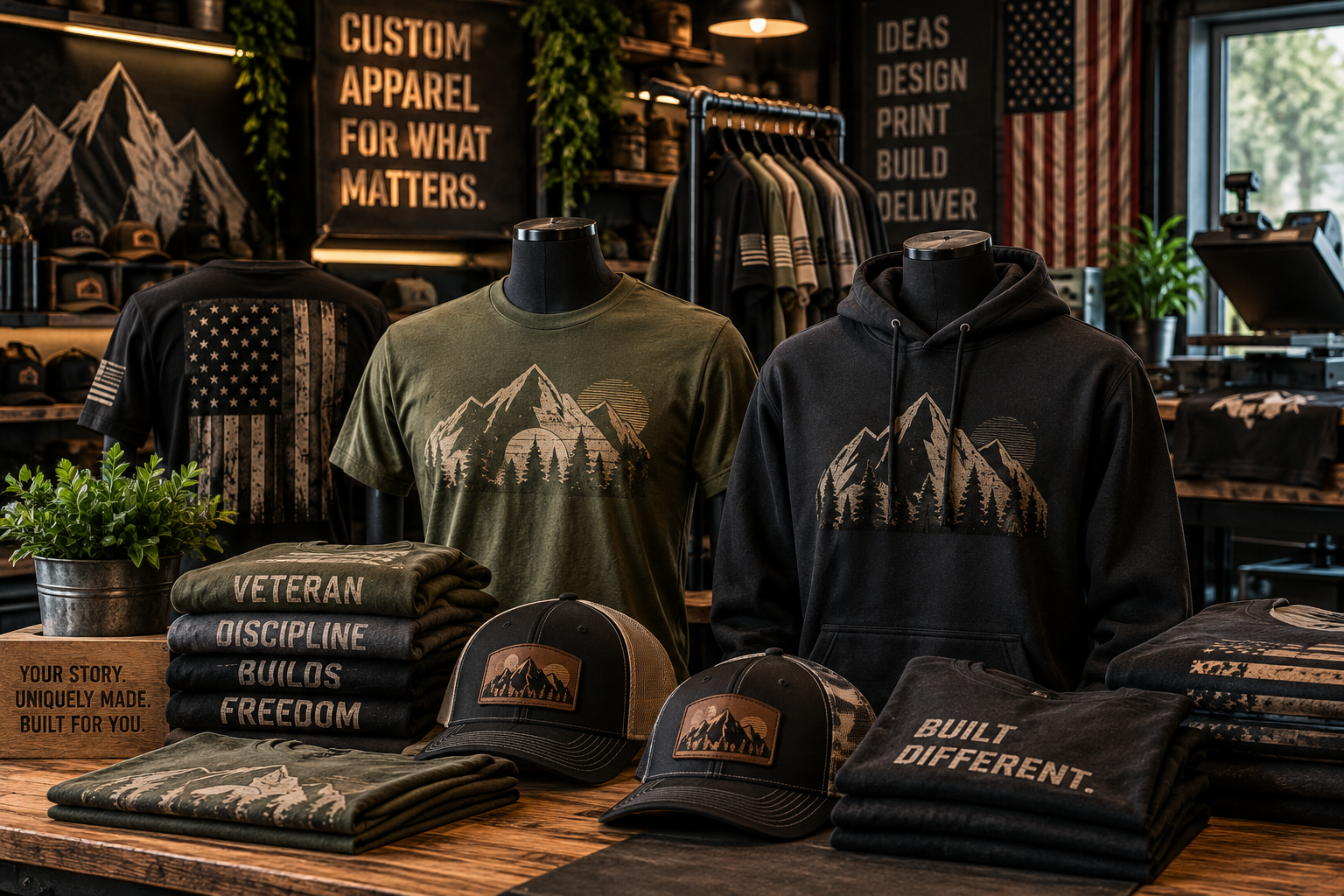 Outdoor-inspired shirts, hoodies, and hats on display.
