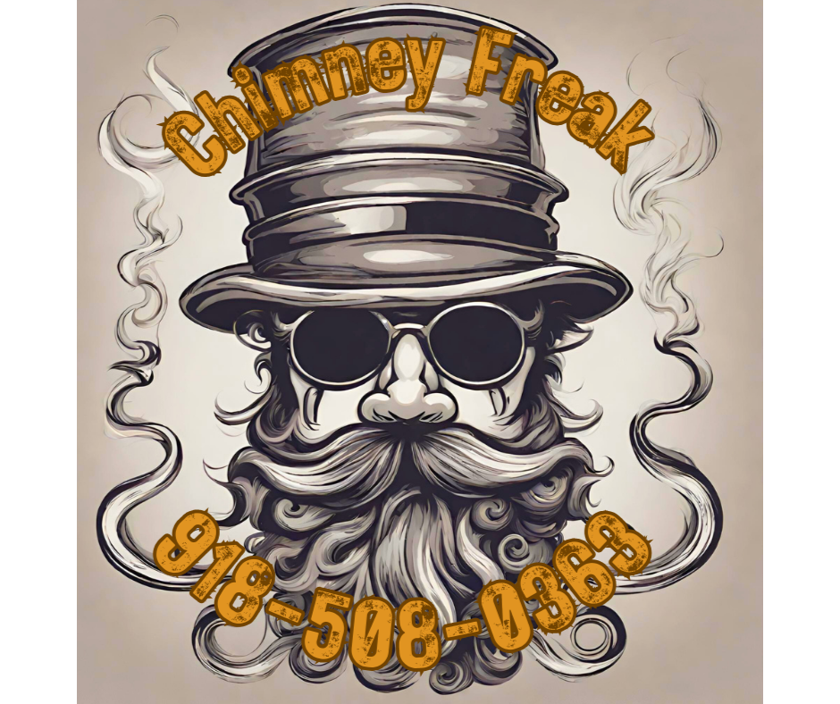 A black and gray illustration of a bearded man wearing sunglasses and a top hat, with smoke curling around his face. The words 'Chimney Freak' and a phone number are written in orange text over the image.
