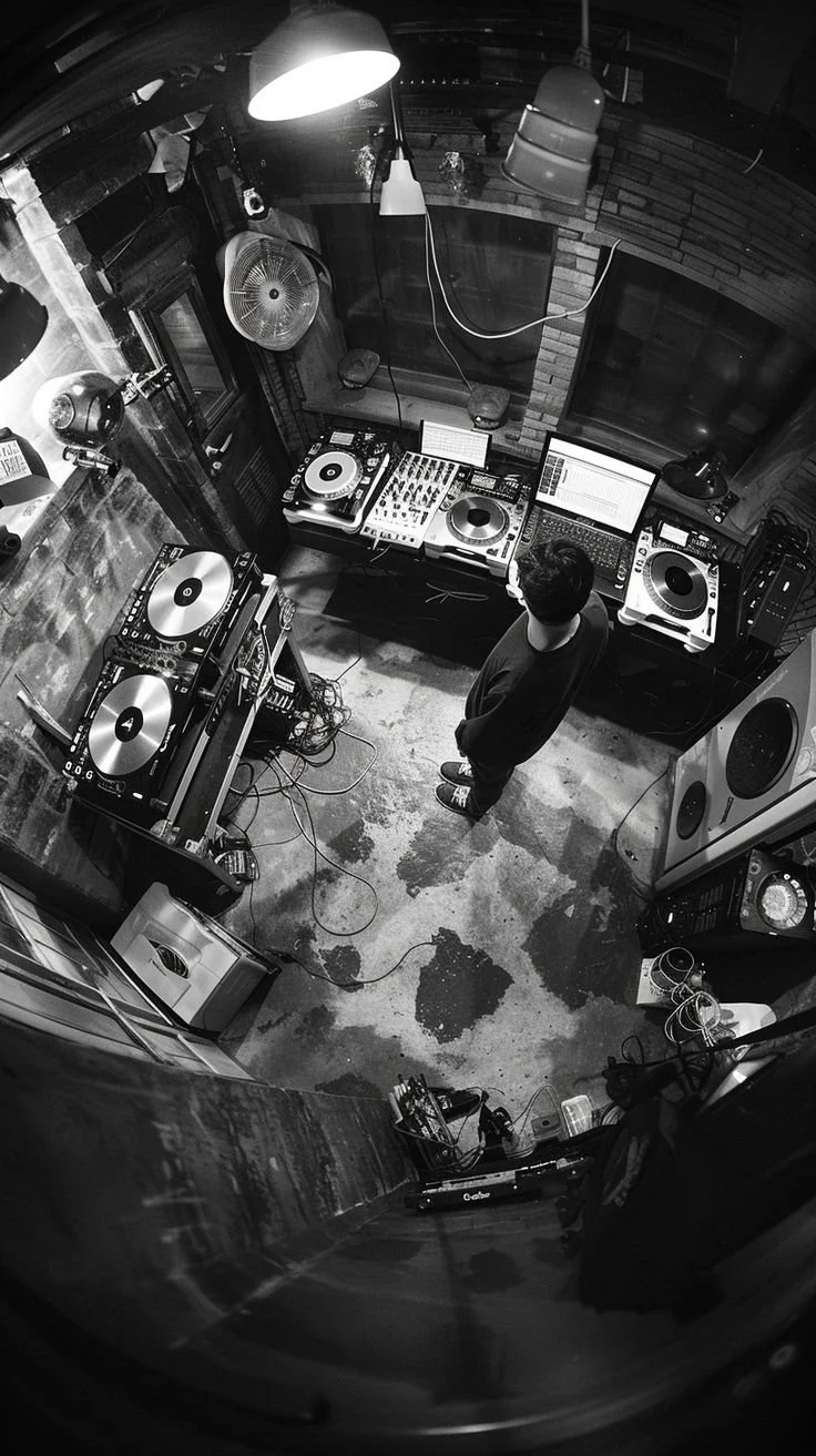 DJ en su estudio con controladora, bandejas y notebook, rodeado de parlantes y cables.