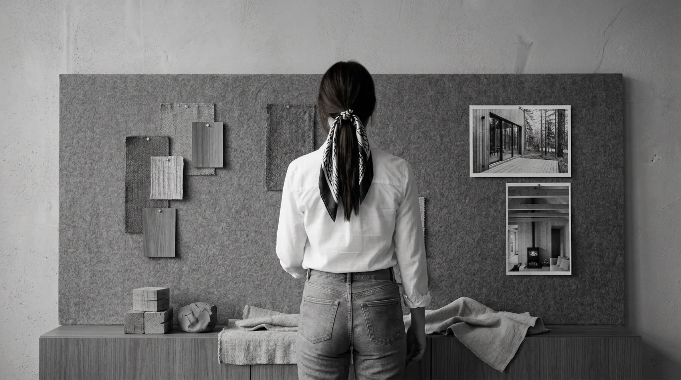 A person with dark hair tied back, wearing a white shirt and jeans, standing in front of a gray display board with fabric samples, photographs, and small wooden blocks, in a room with plain walls.