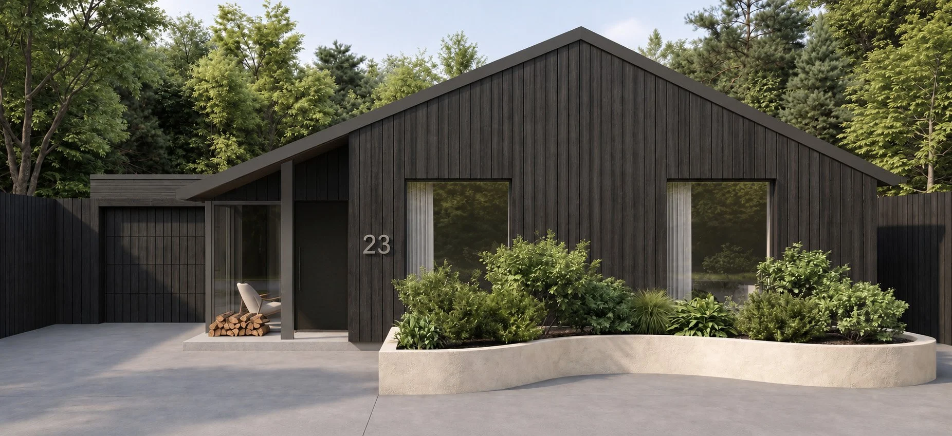 Bungalow renovation with burnt cedar millboard cladding and two large picture windows