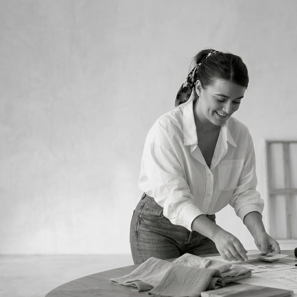A woman wearing a white shirt and jeans, smiling while looking at fabric samples on a table.