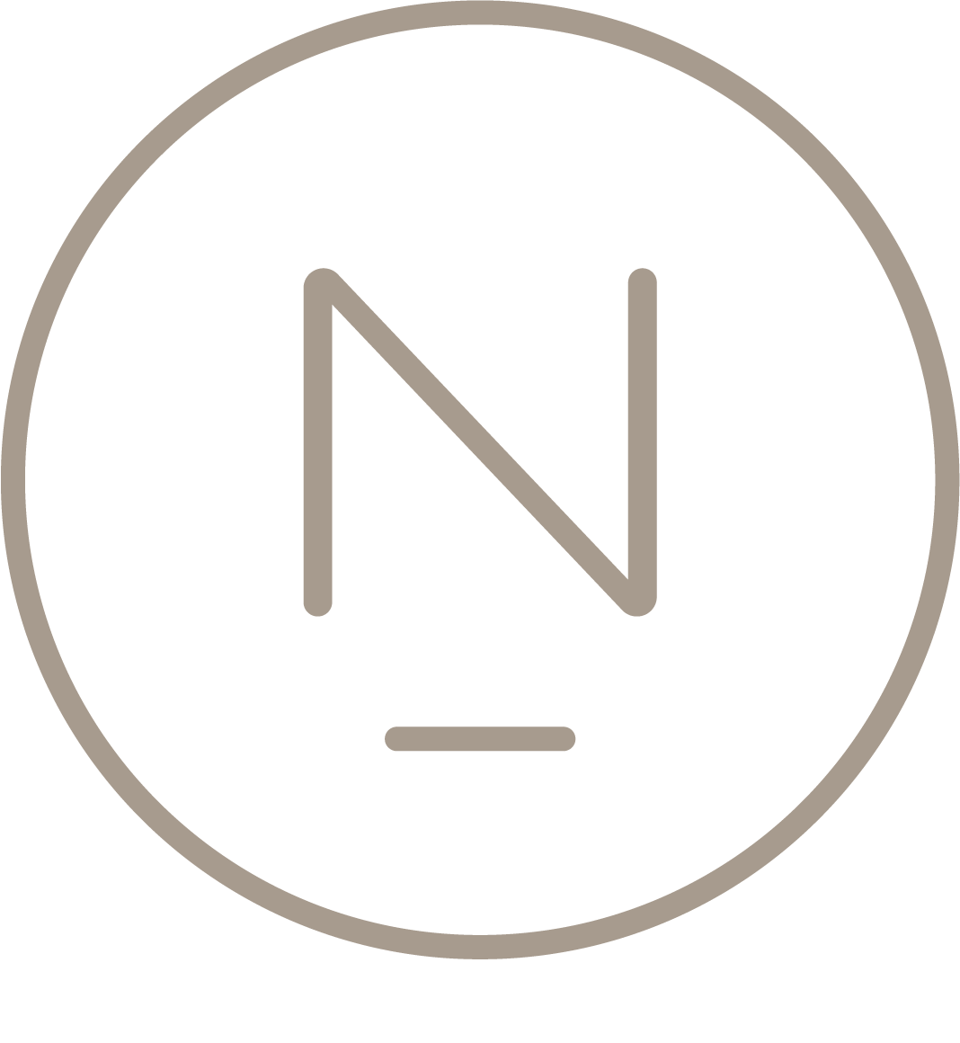 Close-up of a digital screen displaying a large circular icon with a stylized 'N' in the center and a horizontal line beneath, against a black background.