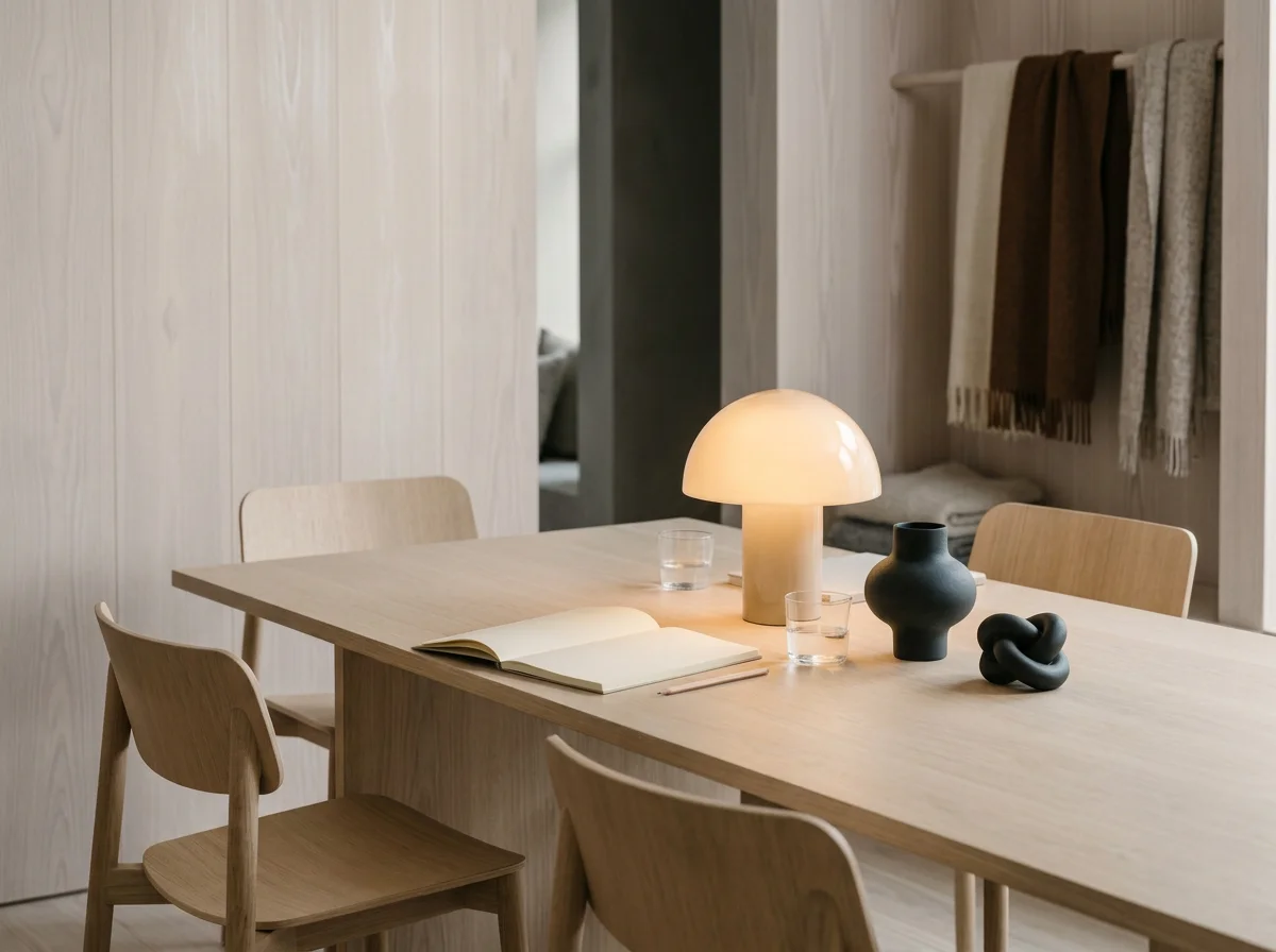 A minimalist wooden dining table with a mushroom-shaped lamp, open notebook, and three glass cups. There are four wooden chairs around the table, and a wall of neutral tones with hanging towels in the background.