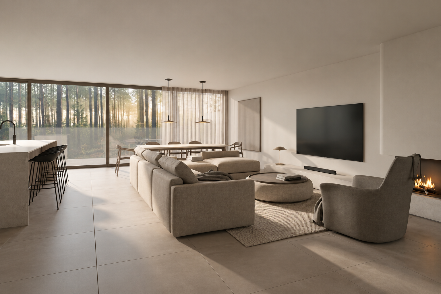 Large open plan living room with view