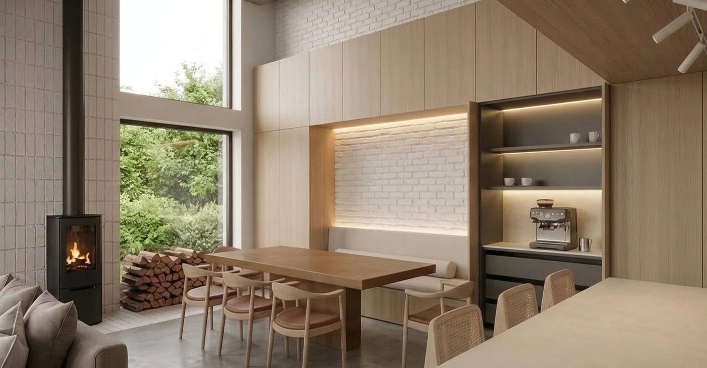Open plan kitchen, living, dining room with oak melamine cupboard, micro cement floor and brick slip walls