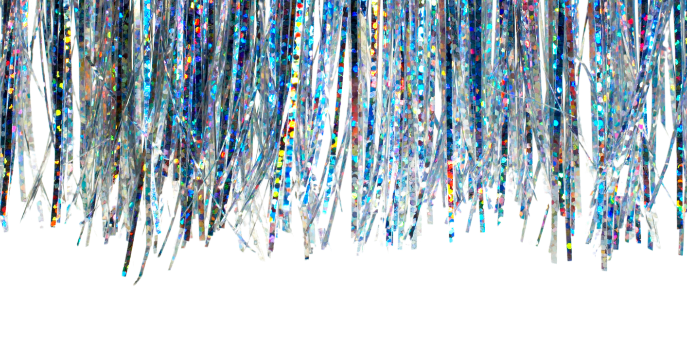A silver metallic fringe curtain with holographic reflections.