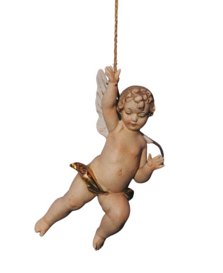 A decorative angel figurine with curly hair, holding a rope, and wearing a cloth around its waist, floating against a transparent background.