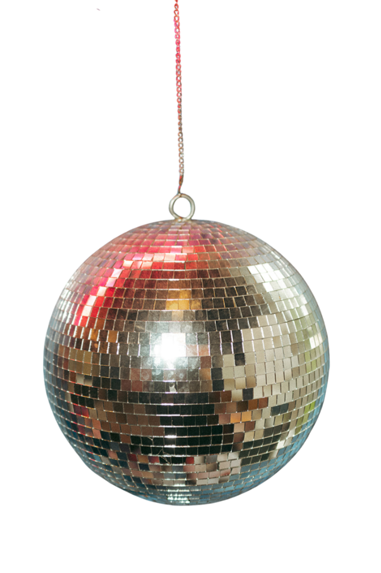 A disco ball hanging from a chain, covered in small reflective tiles.