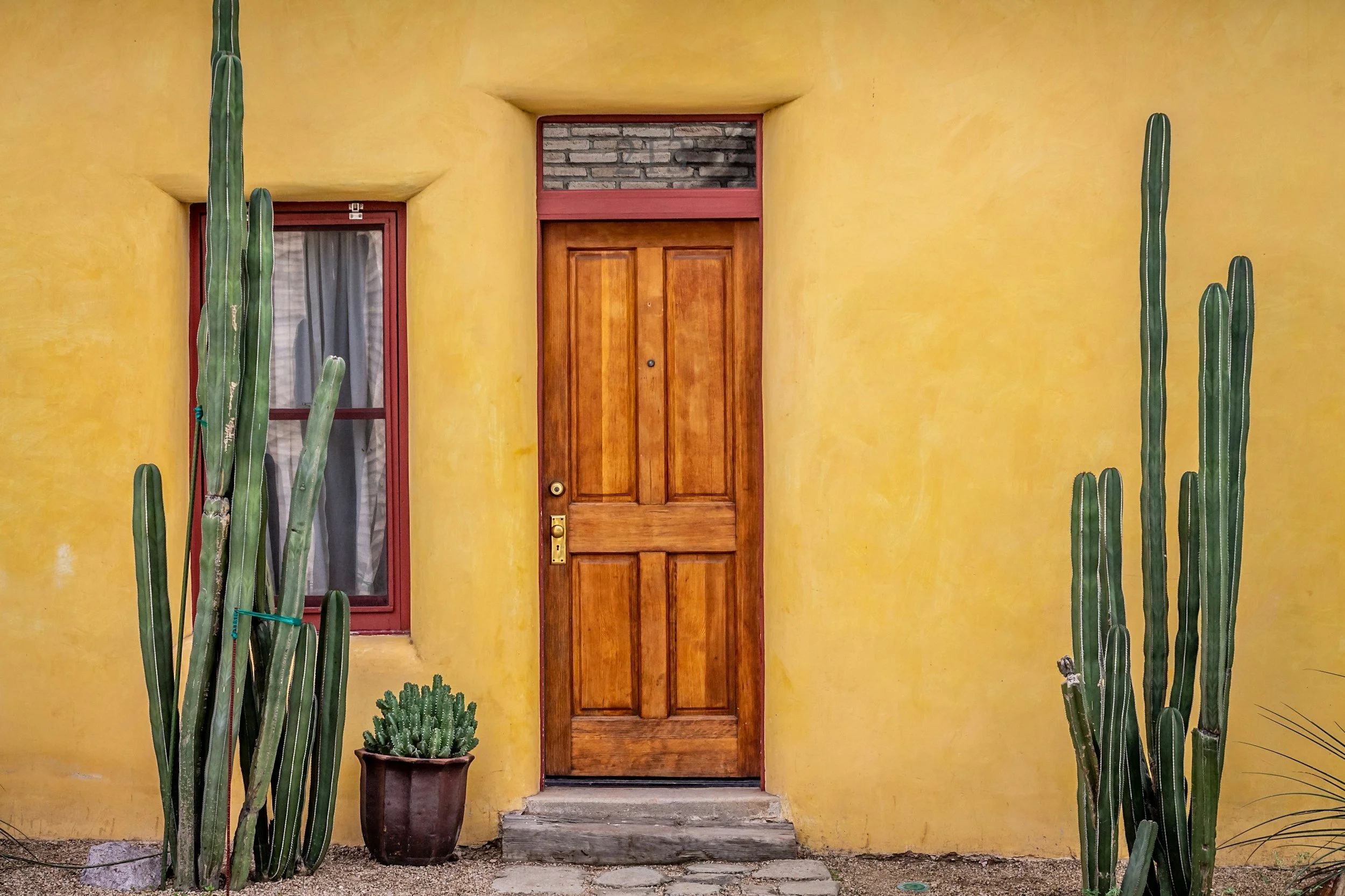 Wooden front door in a yellow stucco home with desert cacti.