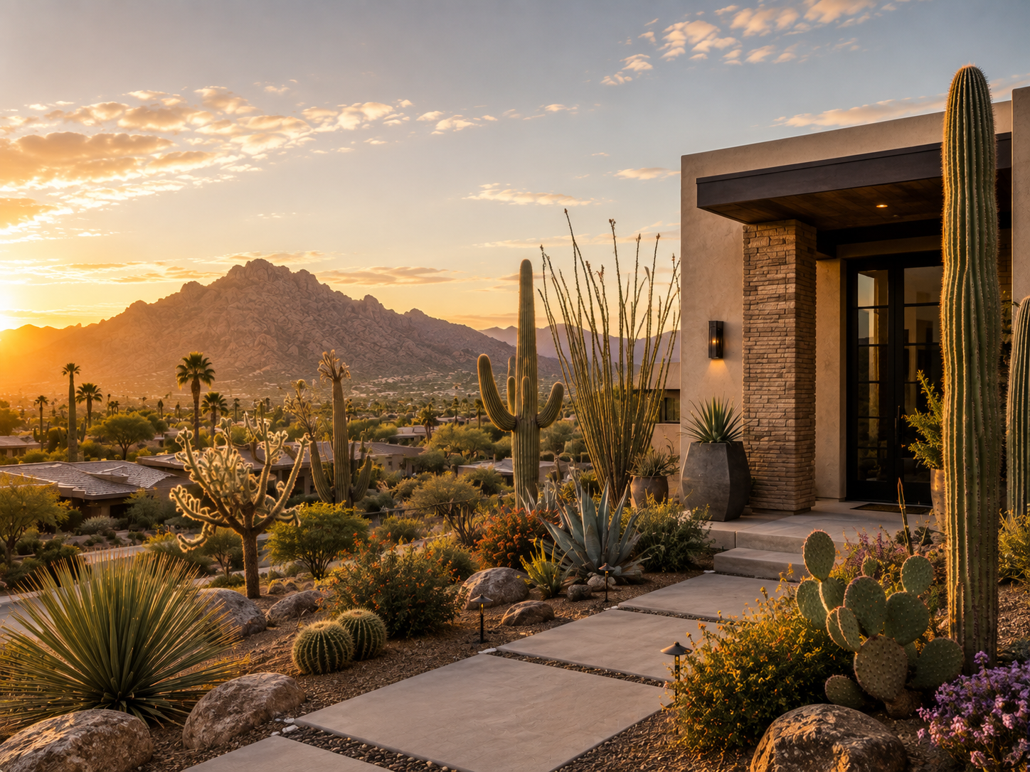 Modern Arizona home at sunset with mountain views and desert landscaping.