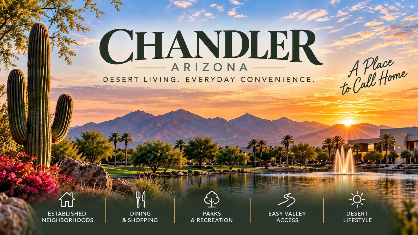Chandler, Arizona desert landscape with mountains, cactus, palm trees, parks and neighborhood amenities.