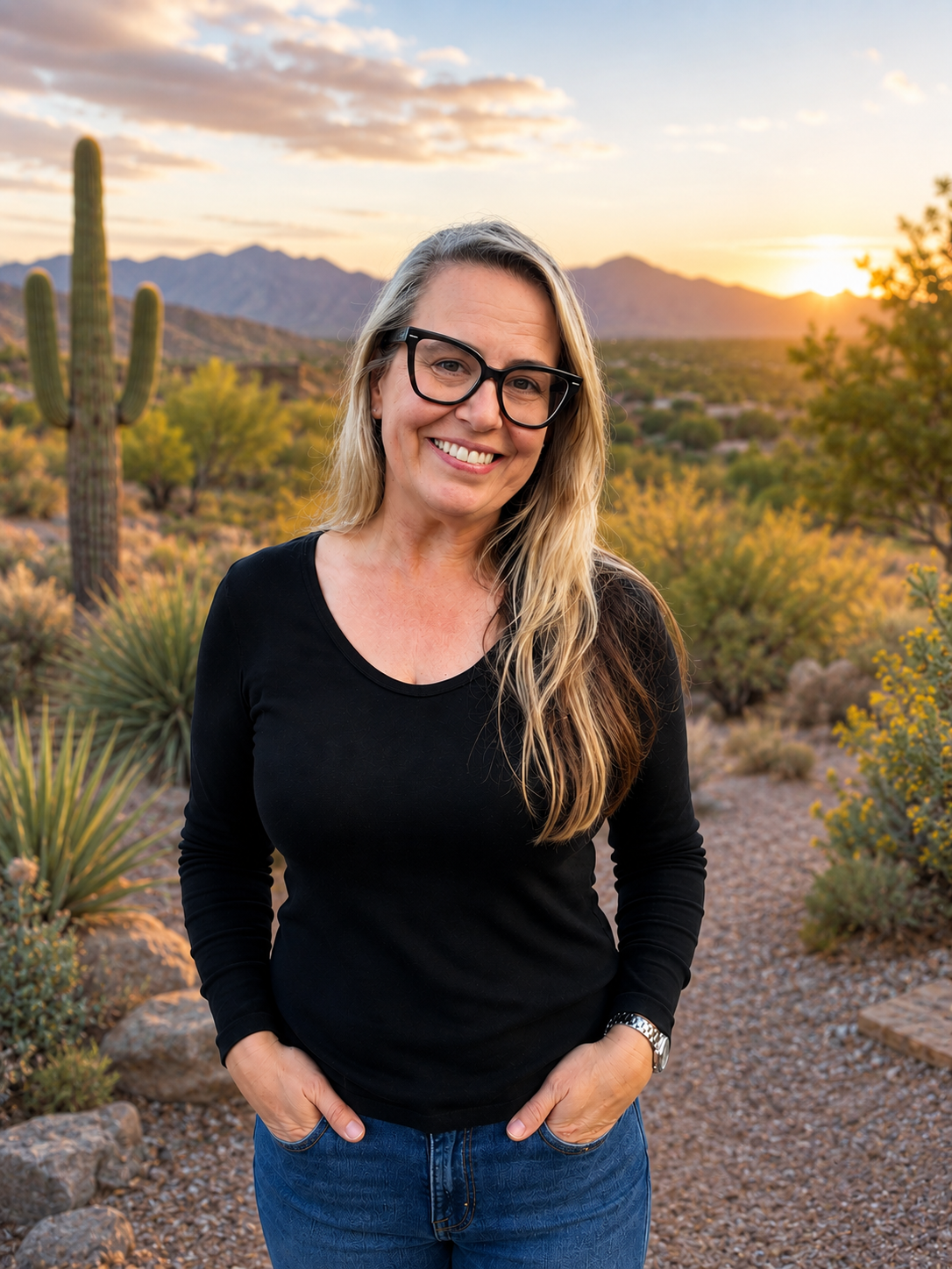 Monika Peltz, Chandler real estate agent, outdoors in an Arizona desert landscape at sunset.