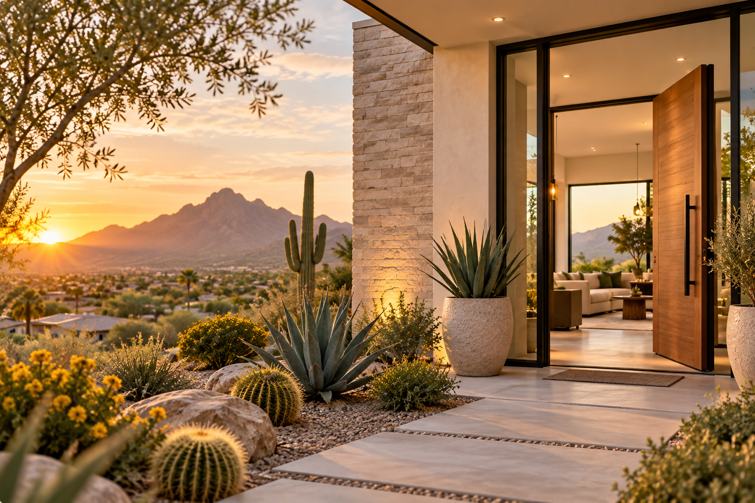 Modern desert home at sunset with cacti, mountain views, and an open indoor-outdoor living space.
