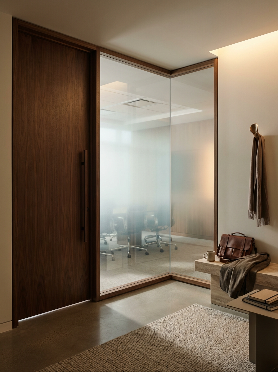 Modern office hallway with a wooden door and a glass partition showing an conference room with office chairs inside. A beige wall with a coat hook, a brown leather bag, a coffee mug, and a scarf on a bench. Books and a notebook on a small table in the foreground.