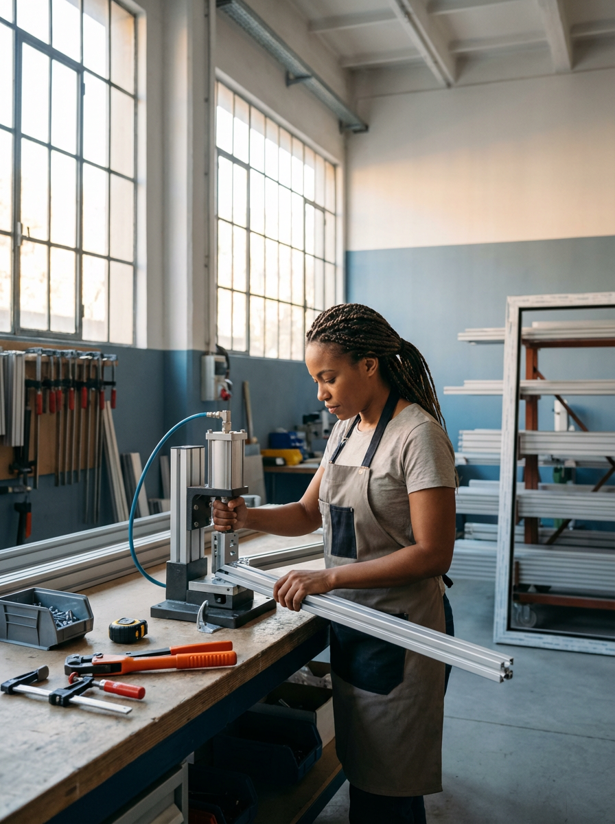 Young woman working with machinery in a workshop, surrounded by tools and materials for manufacturing or woodworking.