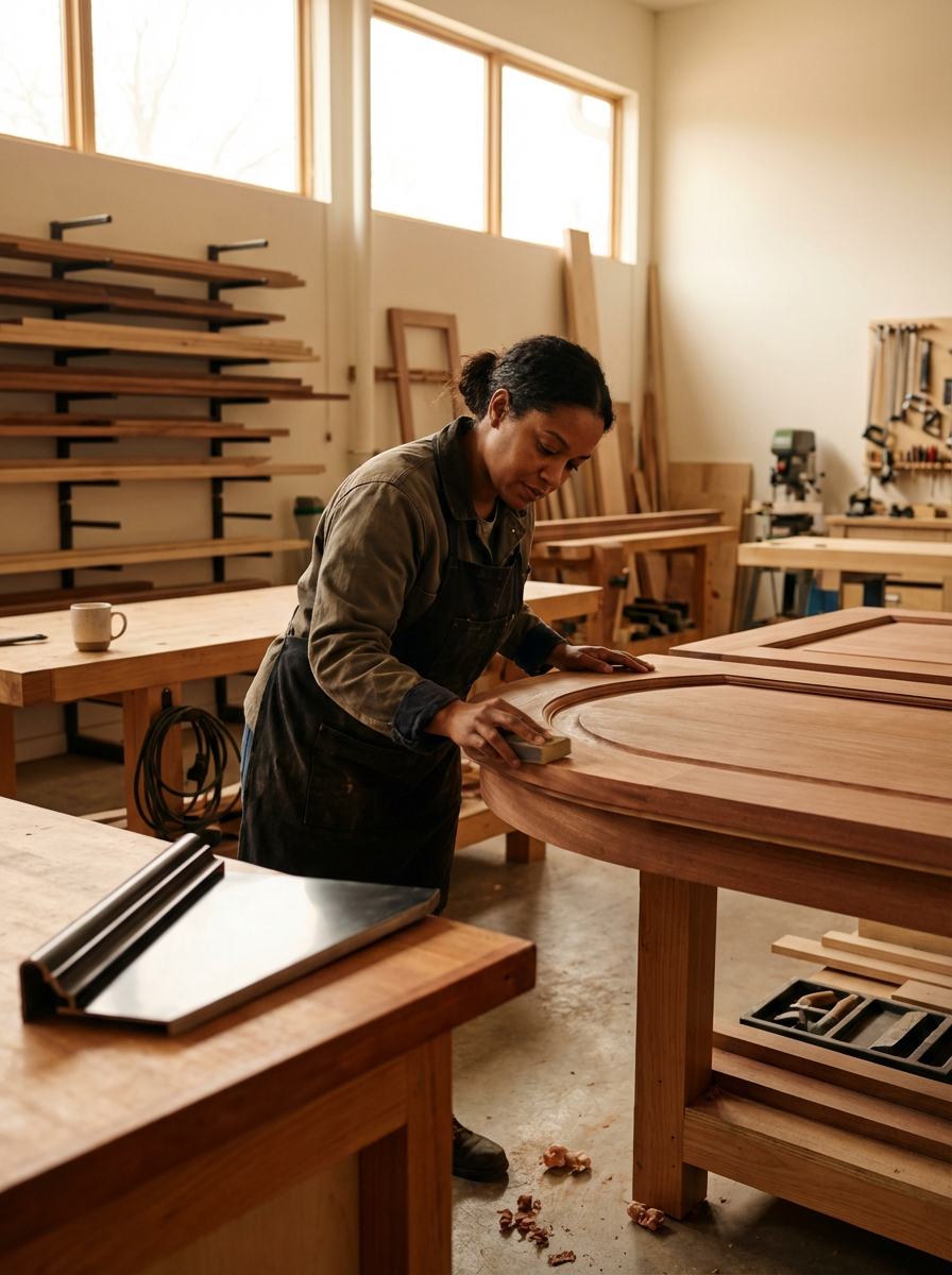 A woman working on a woodworking project in a well-lit woodworking shop, sanding a large curved wooden piece.