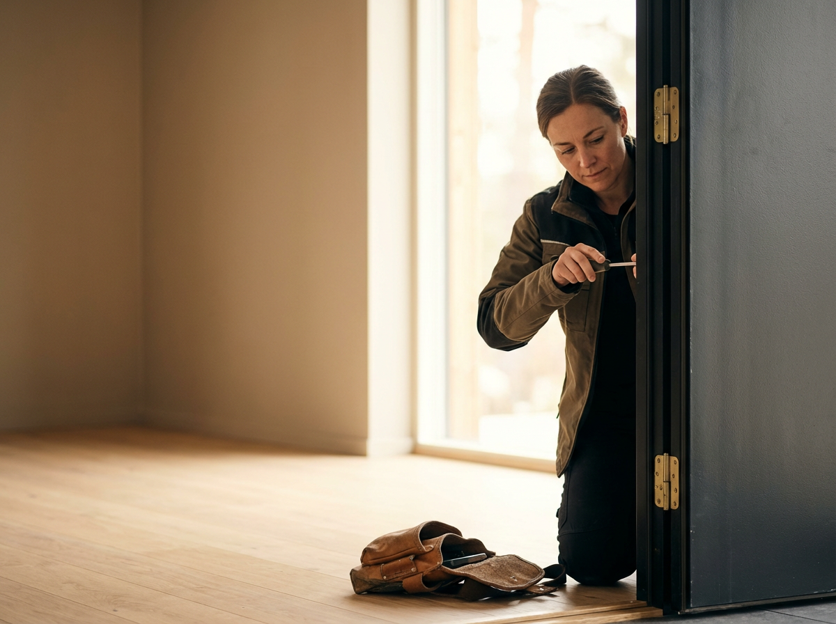 A woman installs a lock on a front door with a screwdriver, kneeling inside a house near the door.
