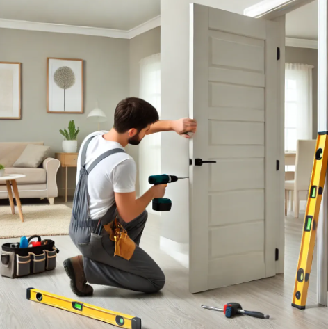 A man installing a door in a home, kneeling, holding a drill, with tools nearby.