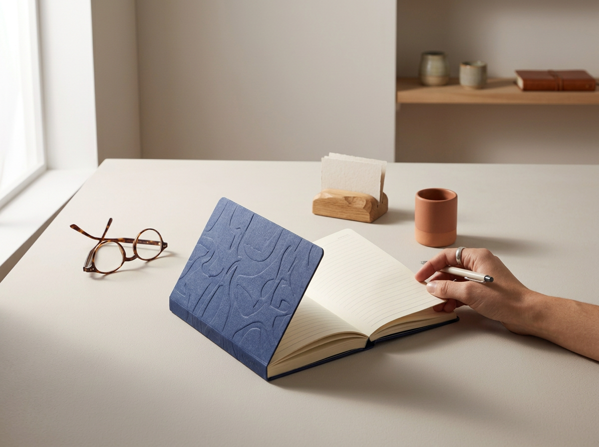 A person with a silver ring on their finger writing in a notebook on a white table, with glasses, a blue book, a small wooden letter holder, a terracotta cup, and a wooden shelf with decorative objects in the background.