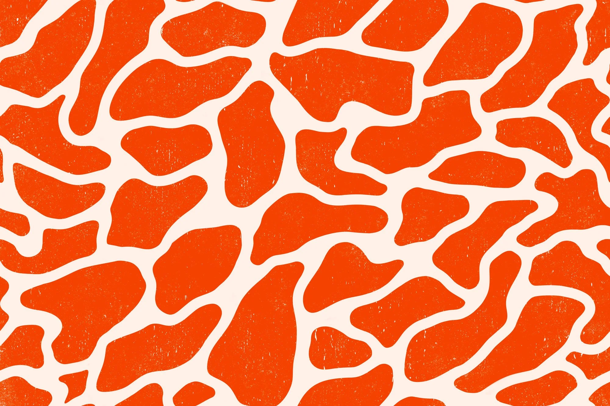 Abstract pattern resembling animal print with orange shapes and white lines on a beige background.
