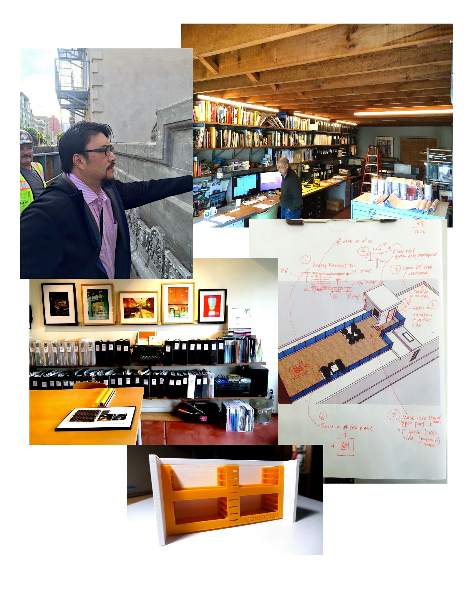 A collage of six images, including a man in a suit pointing outside, an office workspace with multiple computer monitors and bookshelves, a framed artwork display with binders beneath, a digital design drawing with handwritten notes, an interior room with a fireproof safe and decor, and a small orange and white architectural model labeled 'Consortium'.