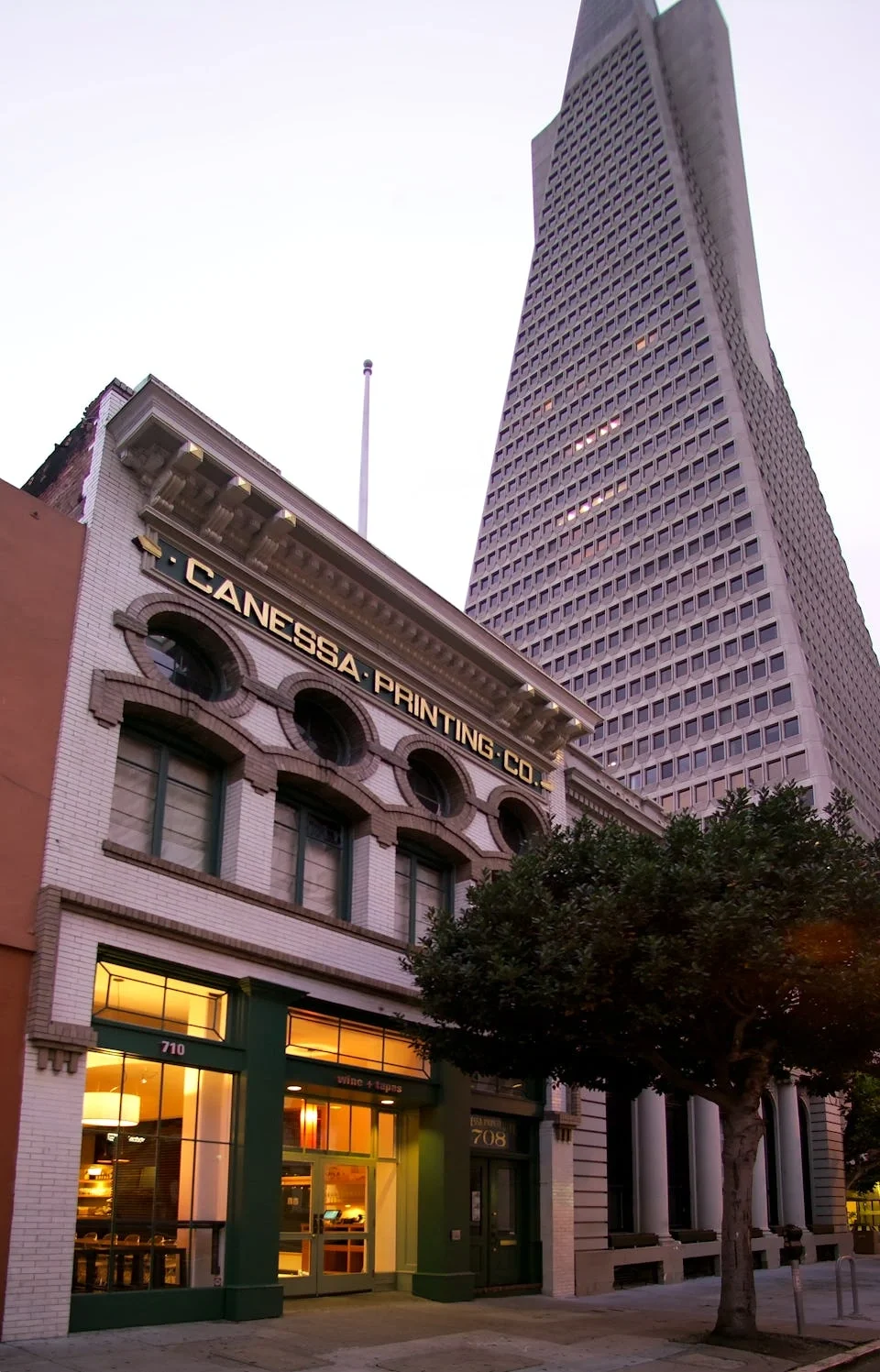 A cityscape featuring a historic building labeled 'Canessa Printing Co.' and a modern skyscraper behind it, with a tree in the foreground during dusk.