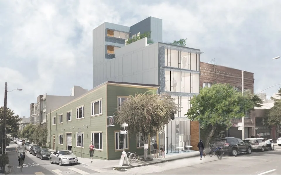 Modern mixed-use building on a city street with pedestrians and parked cars.