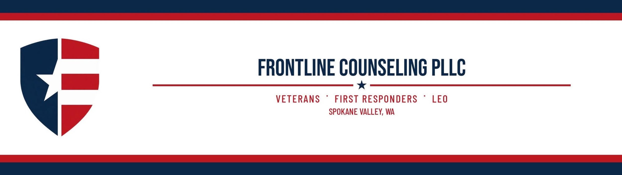 Banner for Frontline Counseling PLLC with a patriotic theme, featuring a shield with a star and stripes, and text indicating services for veterans, first responders, and Leo in Spokane Valley, WA.