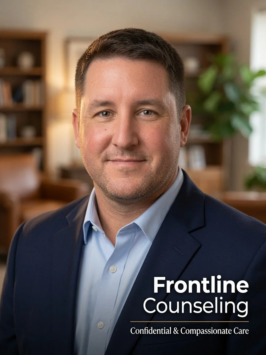 A professional man in a suit smiling in an office setting. The image includes text that reads "Frontline Counseling" and "Confidential & Compassionate Care."