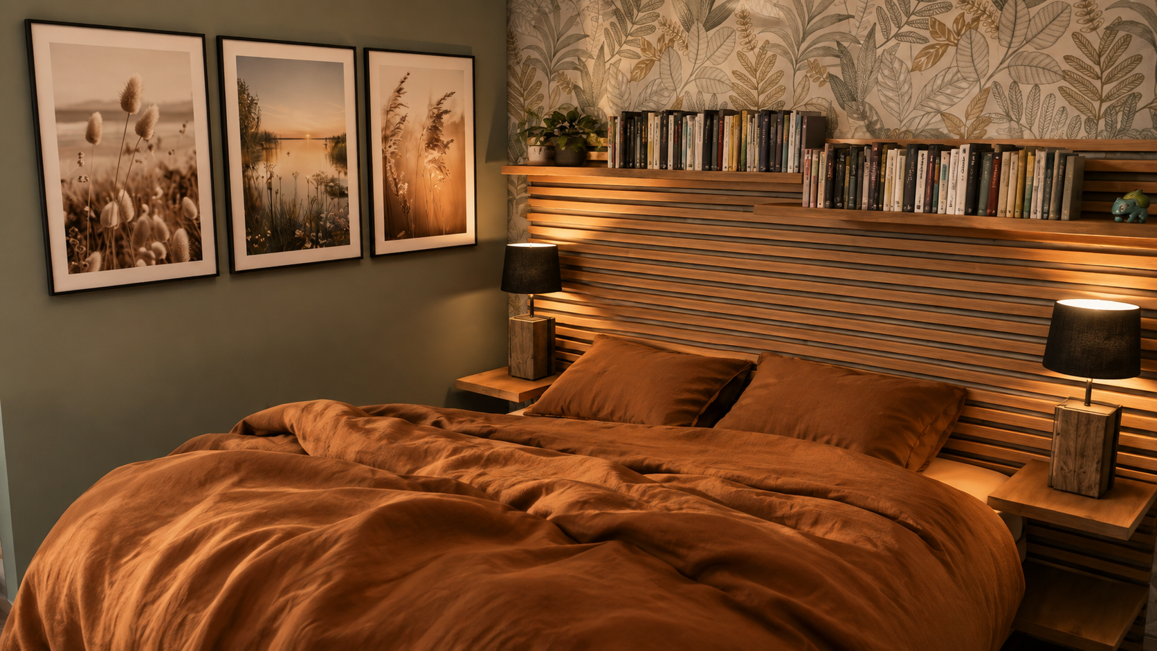 Projet de décoration intérieure d’une chambre terracotta avec tête de lit en bois et papier peint végétal dans les Pyrénées-Orientales