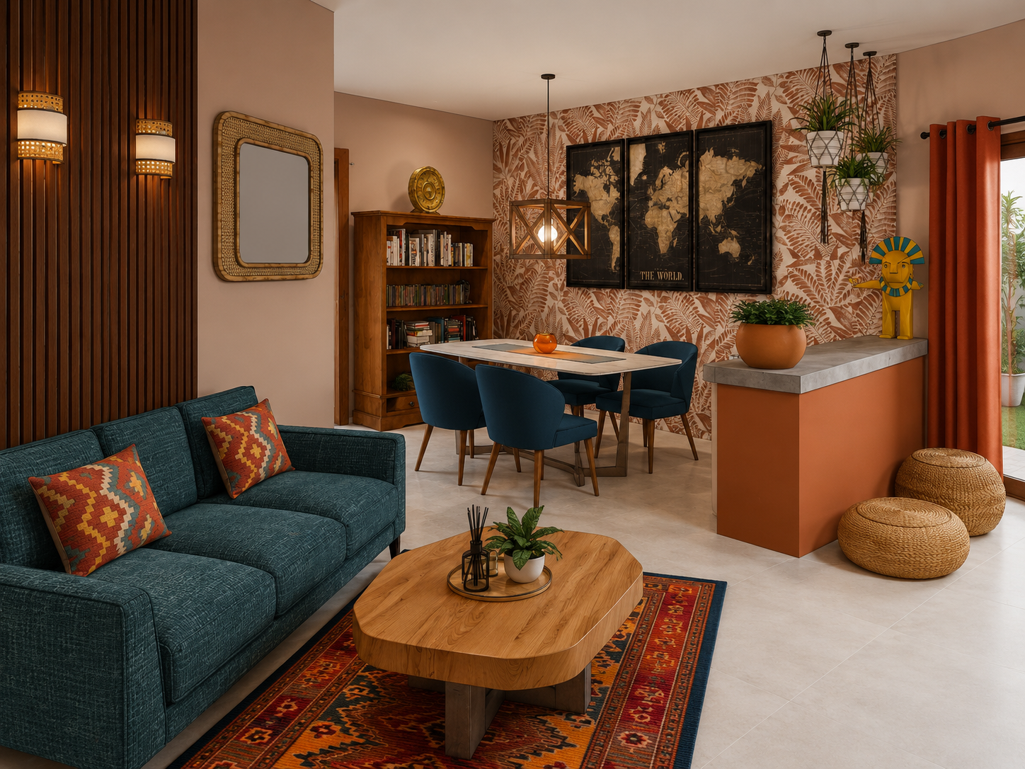 Projet complet de décoration et d’aménagement intérieur d’un salon, salle à manger et cuisine aux tons terracotta et bleu profond