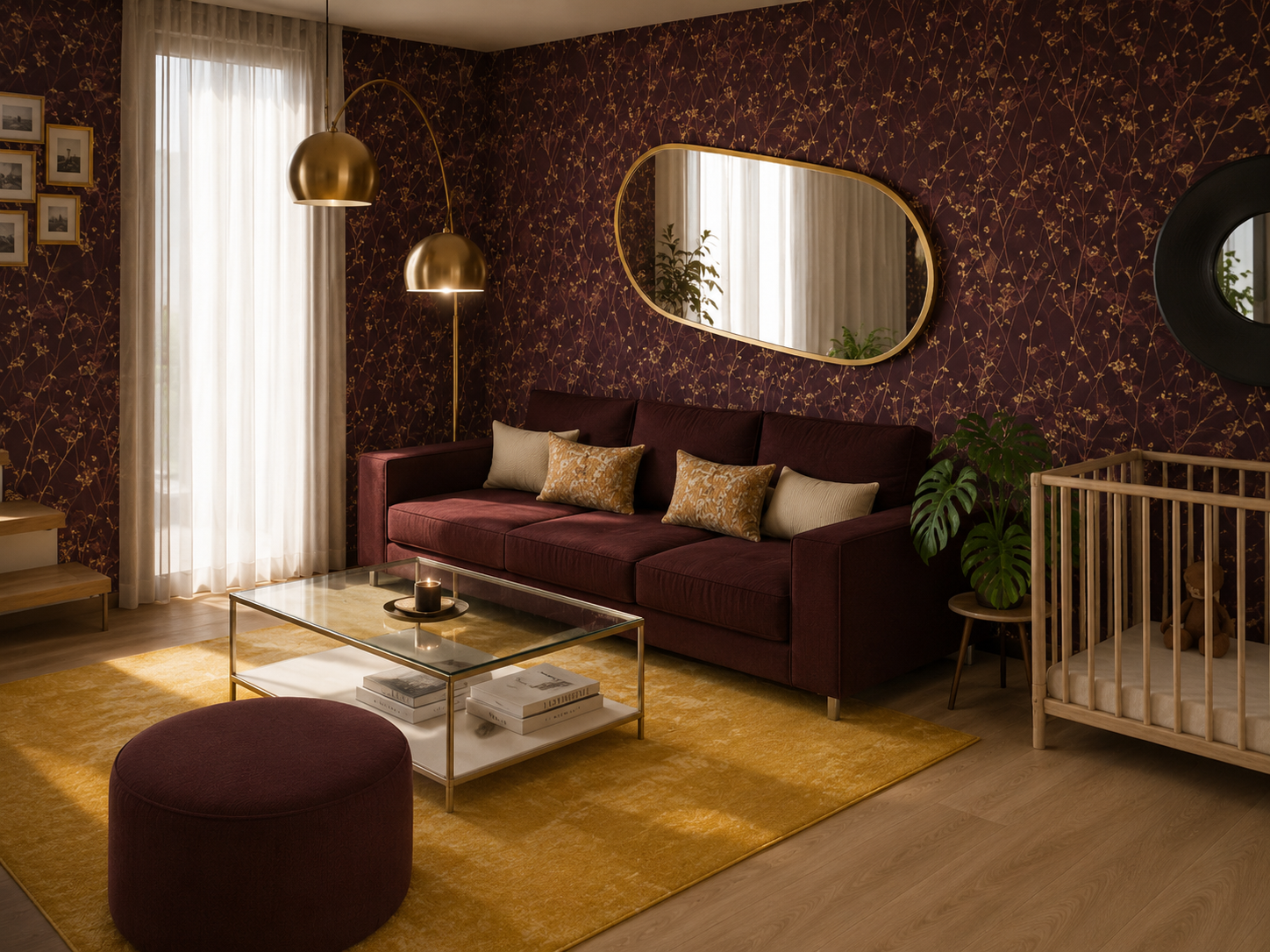 Décoration intérieure d’un salon chaleureux bordeaux et ocre avec papier peint floral – décoratrice d’intérieur à Perpignan et alentours