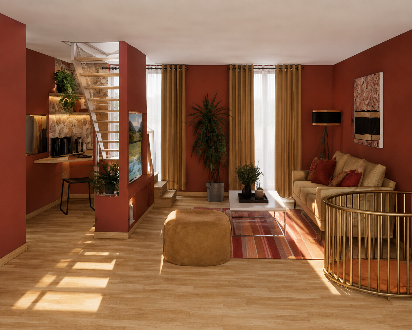 Salon avec canapés beiges, fauteuil en or, tapis rayé rouge, murs en terre cuite, plantes vertes, télévision, escalier en bois, grands rideaux beige, éclairage chaleureux. décoration d'intérieur, Pyrénées-orientales, Perpignan et alentours