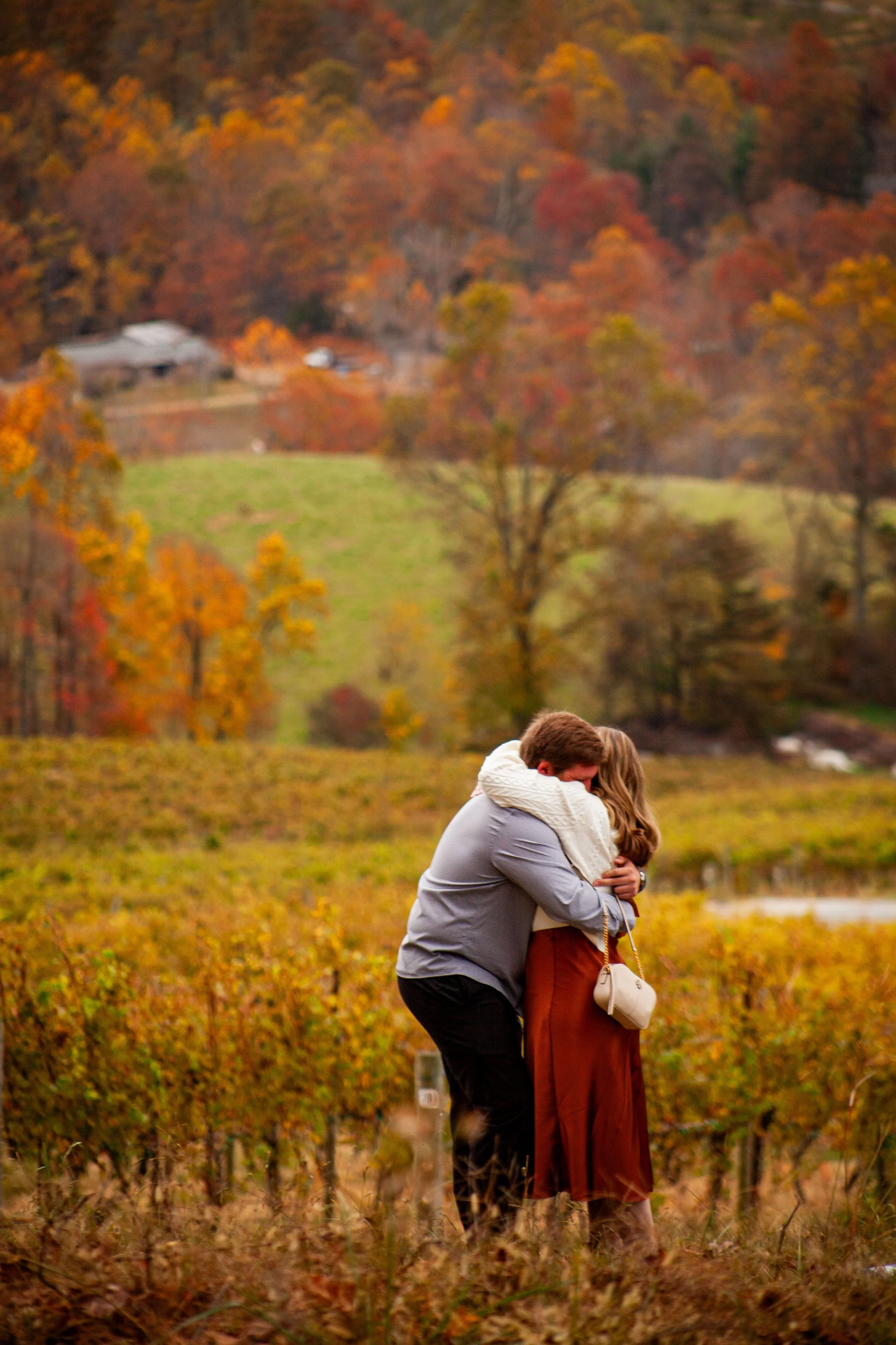 Couple embracing in autumn vineyard after proposal