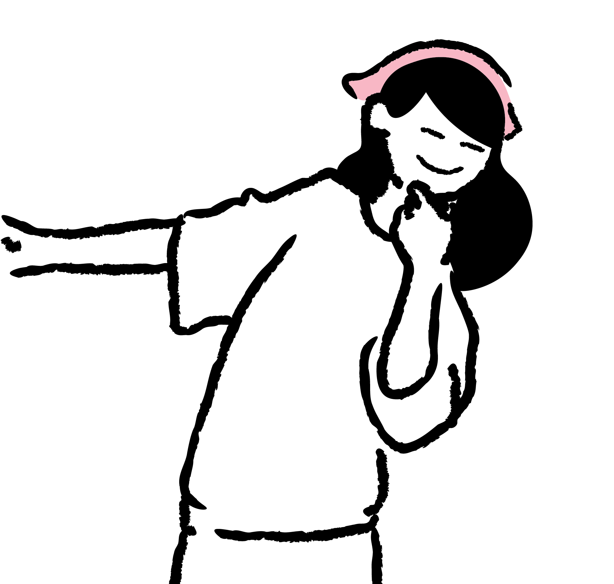 Drawing of a girl with long black hair, smiling, wearing a pink hat and a white outfit, holding her hands together near her chest.