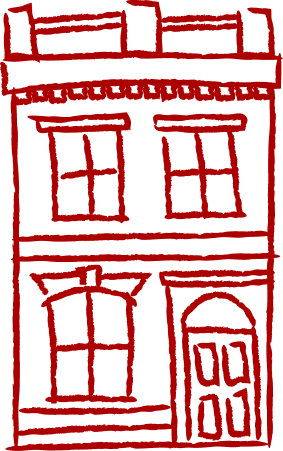 A red line drawing of a two-story building with two windows on each floor and a front door.