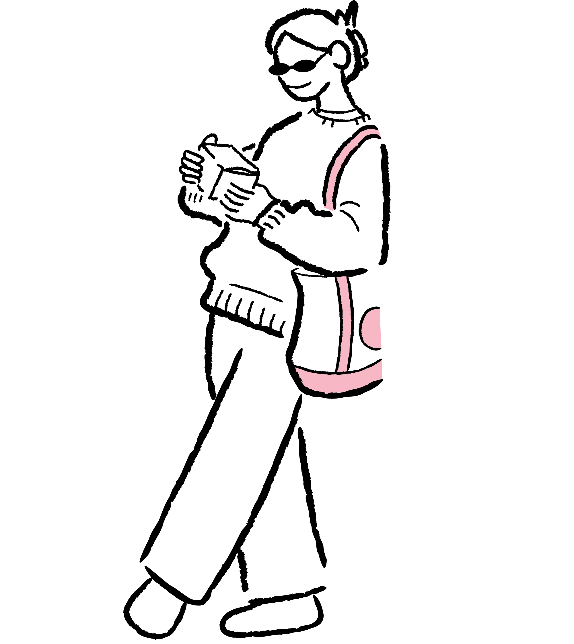 Line drawing of a smiling woman with curly hair and a hairband.