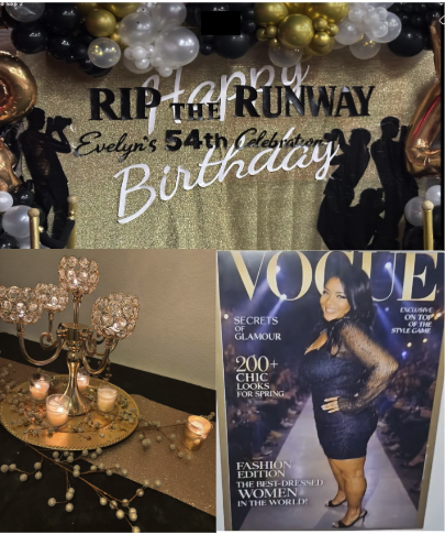 Custom “Rip the Runway” birthday celebration featuring gold draping backdrop, personalized name display, balloon garland, gold table setting and custom magazine cover reflecting the birthday theme.