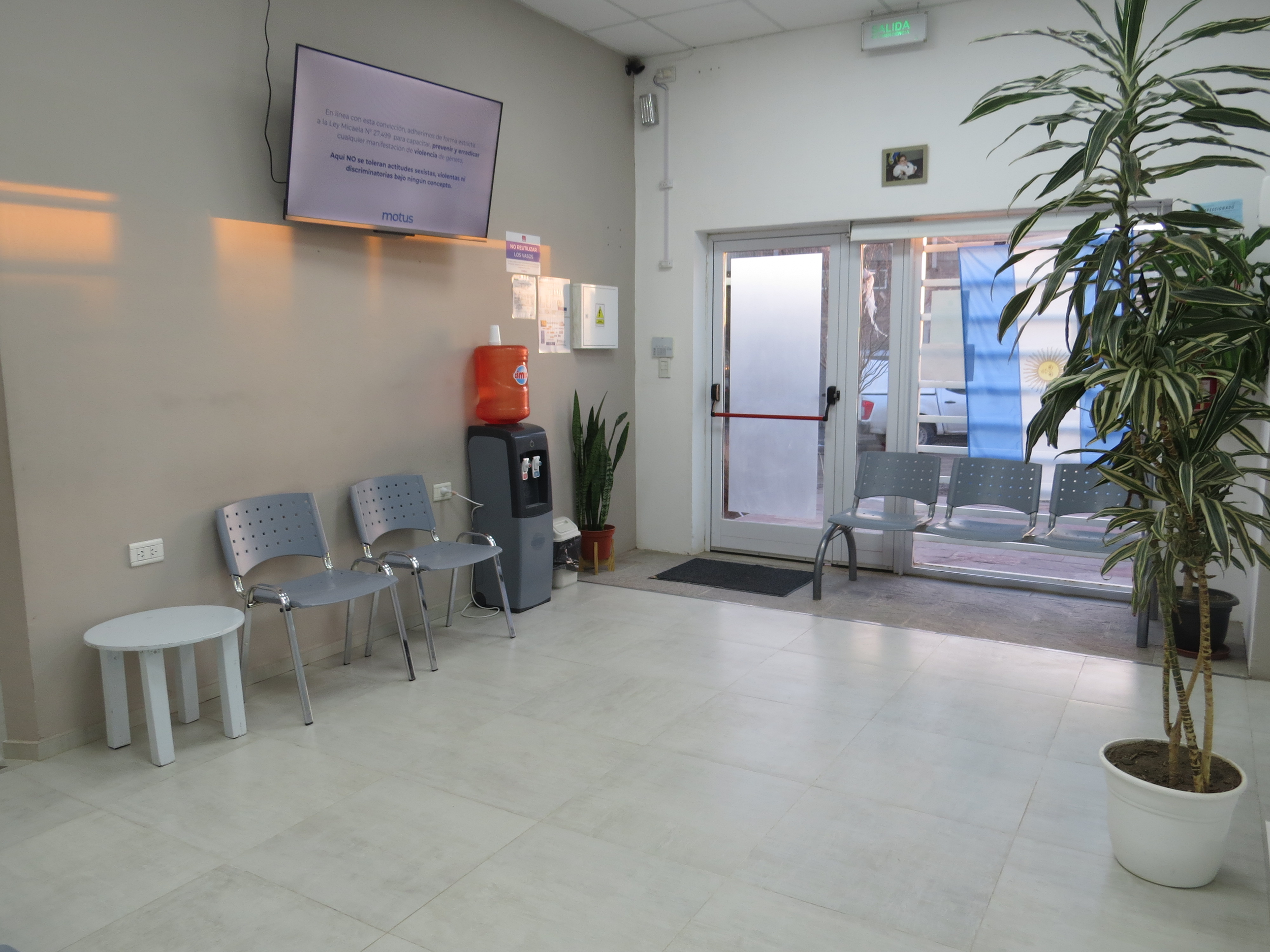 Sala de espera de Motus con sillas de plástico gris, planta de interior grande en maceta blanca, puerta de cristal con vista al exterior, cartel de salida de emergencia, pantalla informativa en la pared, dispensador de agua.