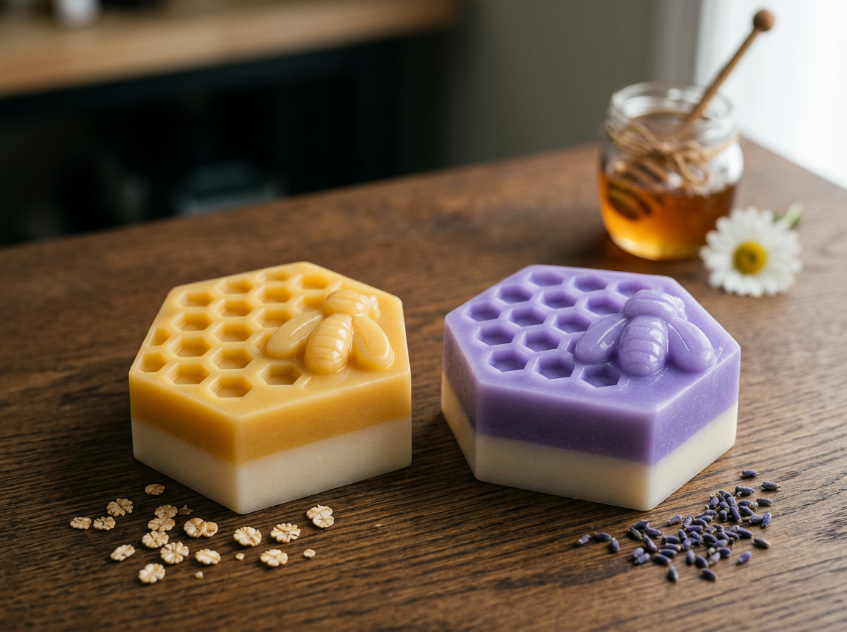 Two honey-themed soap bars, one yellow with a bee on top, the other purple with a bee on top, placed on a wooden surface. A jar of honey with a honey dipper and a daisy flower, along with small floral and lavender decorations, are in the background.
